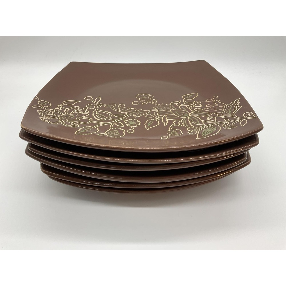 Jaclyn Smith Today Dinner Plates Set Of 6 Brown Floral Stoneware Tableware Decor